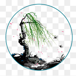 水墨春季柳树手绘插画