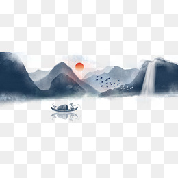 夕阳西下中国风山水图,免抠元素(1920*800px)psd模版下载