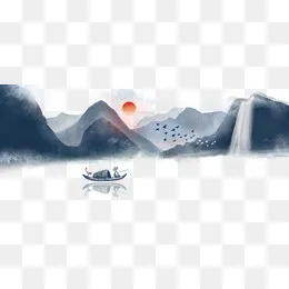 夕阳西下中国风山水图,免抠元素(1920*800px)psd模版下载