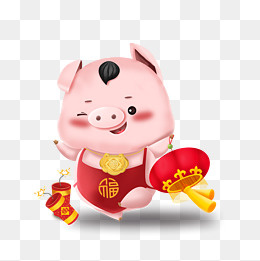 福猪报喜放鞭炮提灯笼手绘卡通猪,免抠元素