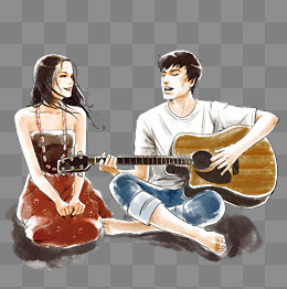 情人节水彩手绘情侣弹吉他,免抠元素(2000*2006px)psd模版下载