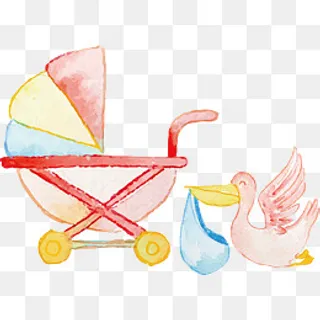水彩水墨卡通婴儿用品婴儿车素材,免抠元素