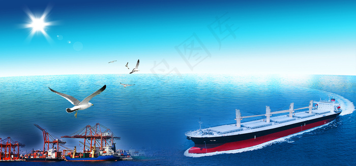 蓝色军舰海鸥大海国家大气banner背景图片素材