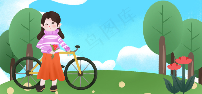 女生节可爱卡通小女孩骑单车banner背景图片素材,背景元素