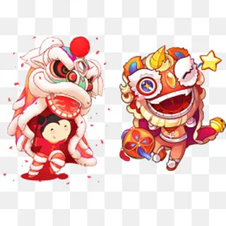 卡通手绘舞狮舞龙设计,免抠元素