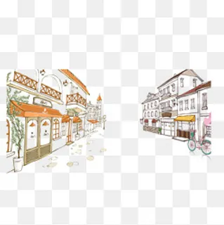 街面线描建筑自然PNG免抠素材,免抠元素