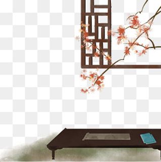 中国风轩窗树枝书桌装饰元素,免抠元素