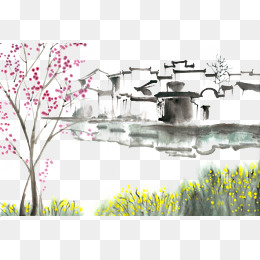 江南村庄水墨画PNG免抠素材
