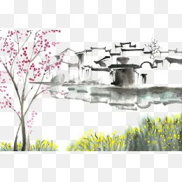 江南村庄水墨画PNG免抠素材(6000X3999(DPI:300))psd模版下载