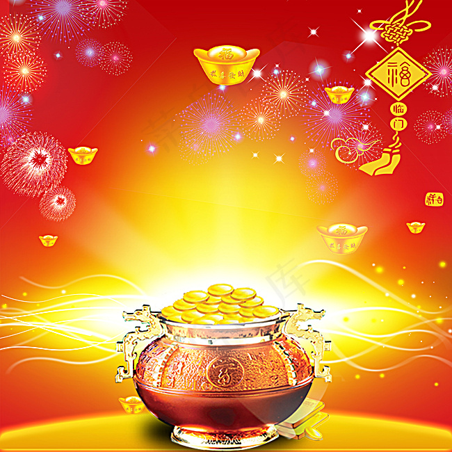 中国结元宝金币烟花新年背景背景图片素材