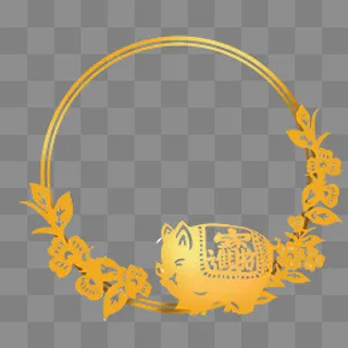 中国风金色立体猪招财进宝剪纸插,免抠元素