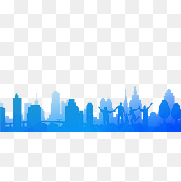 手绘蓝色城市建筑群,免抠元素