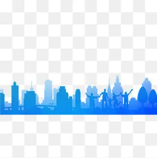 手绘蓝色城市建筑群,免抠元素