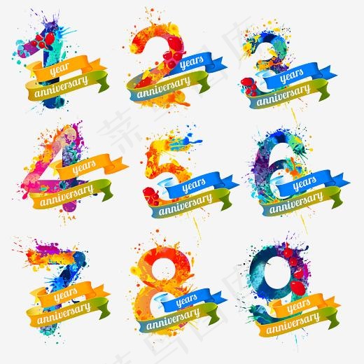周年庆艺术字彩色泼墨创意数字,免抠元素艺术字