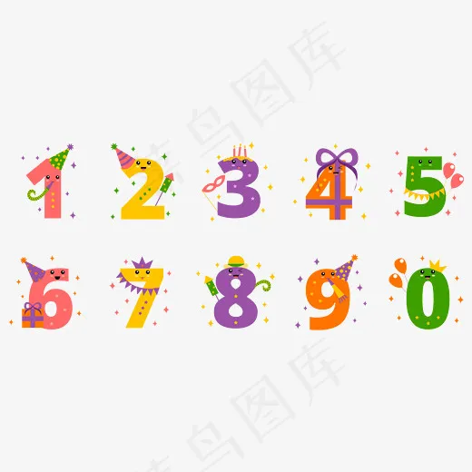 彩色生日装饰品卡通创意艺术数字,免抠元素艺术字(2480*1418px)ai矢量模版下载
