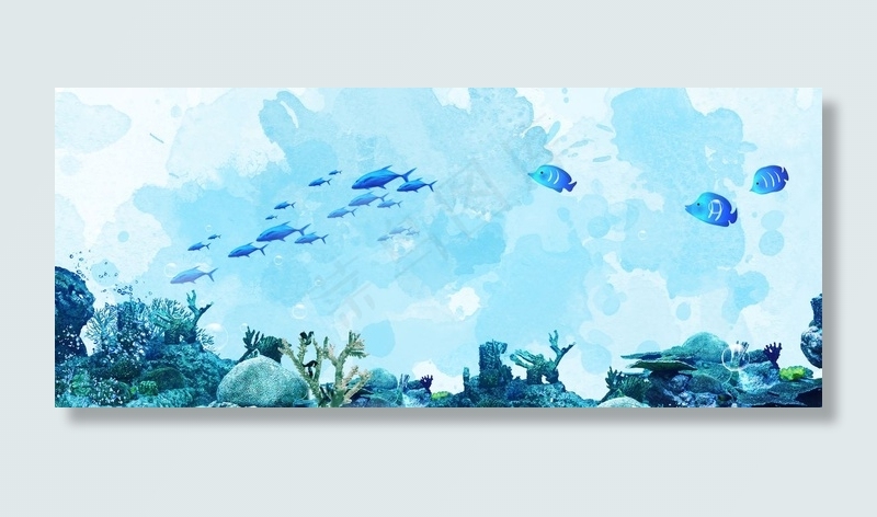 蓝色手绘文艺清新海洋平面banner背景图片素材,背景元素