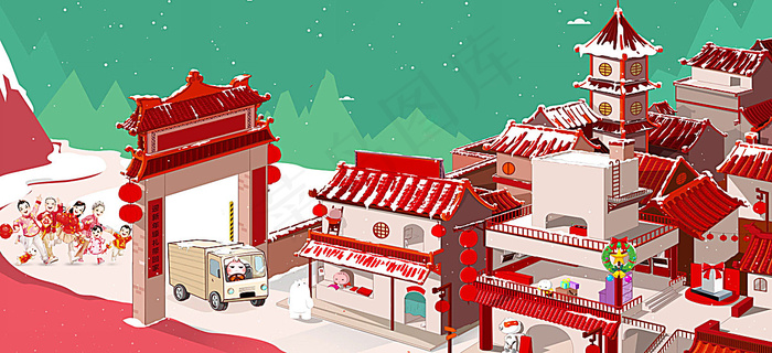 春节卡通童趣红色海报背景背景图片素材