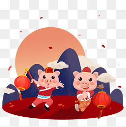可爱猪中国红唐装灯笼远山元旦新,免抠元素