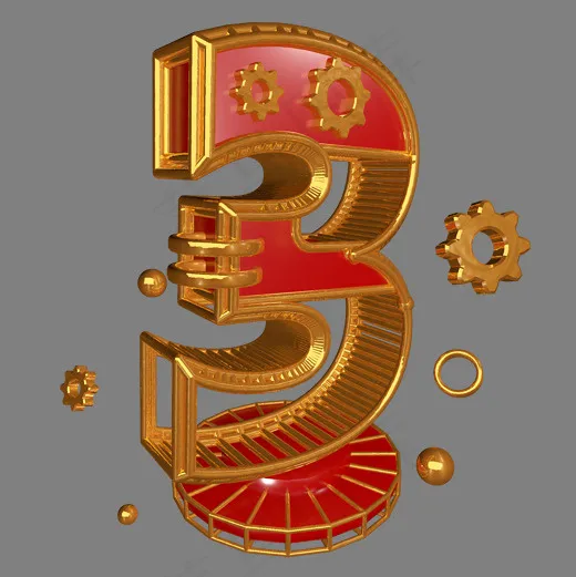 C4D红色喜庆风倒计时数字3,免抠元素艺术字