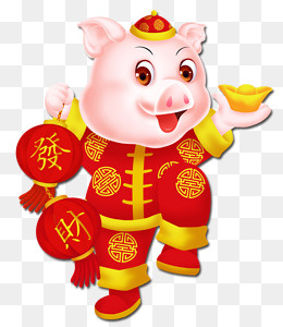 红黄色拿着元宝灯笼新年猪,免抠元素(858*988px)psd模版下载