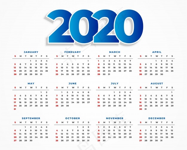 Clean 2020日历模板设计eps,ai矢量模版下载