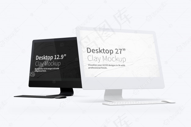 Clay desktop 27“实体模型样机，黑白电脑psd模版下载