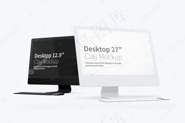 Clay desktop 27“实体模型样机，黑白电脑psd模版下载