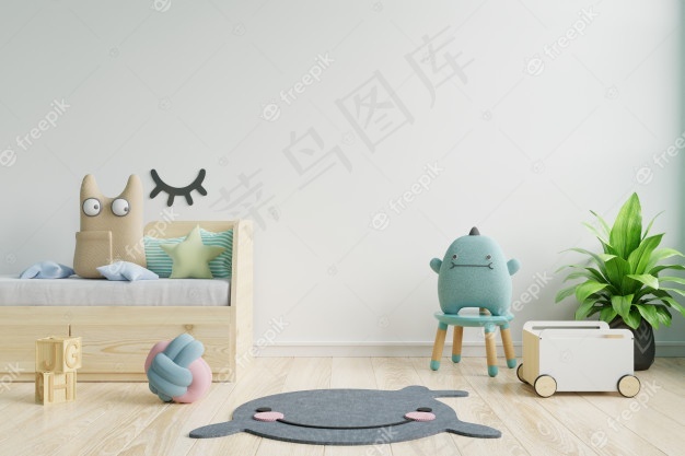 儿童房室内的模型样机海报，空白白色墙壁背景上的海报。