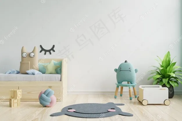 儿童房室内的模型样机海报，空白白色墙壁背景上的海报。