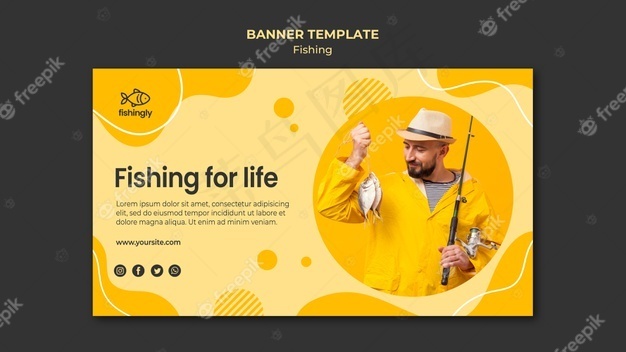 钓鱼救命男子穿黄色渔衣横幅bannerpsd模版下载