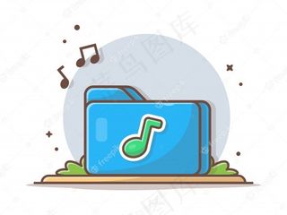 音乐文件夹图标，带有音乐曲调和音符。蓝色文件夹图标音乐白色隔离