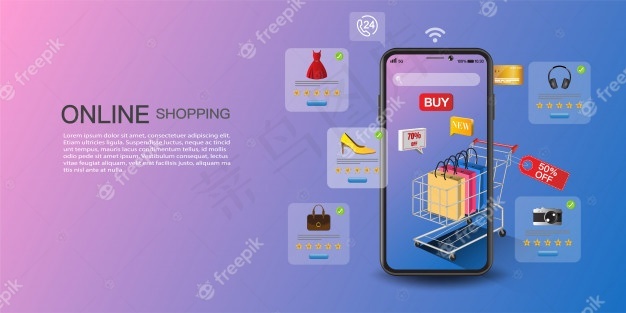 网上购物概念，网站数字营销和手机app移动应用。