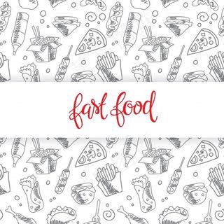 快餐菜单。背景上的一组图标。炸薯条，汉堡包，红薯薯条