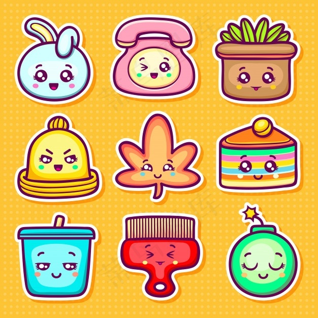Kawaii贴纸图标手绘涂鸦着色eps,ai矢量模版下载