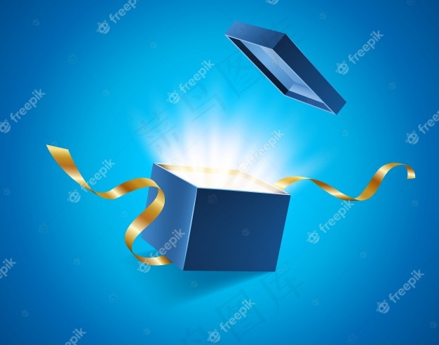 蓝色开启的3d写实礼品盒，神奇的闪亮光芒，金色丝带飘扬