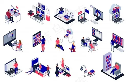 学生在线学习使用电子图书馆图标集孤立的白色三维