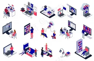 学生在线学习使用电子图书馆图标集孤立的白色三维