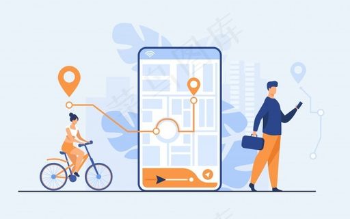 小人物在户外使用带地图的手机app移动应用程序