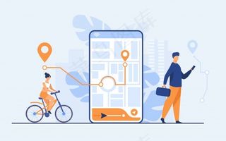 小人物在户外使用带地图的手机app移动应用程序