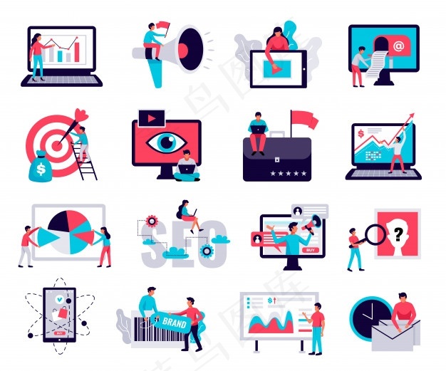 数字营销图标集在线商业符号平面隔离