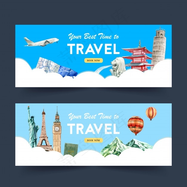 带有地标、塔楼、城堡、雕像的旅游日横幅banner设计eps,ai矢量模版下载