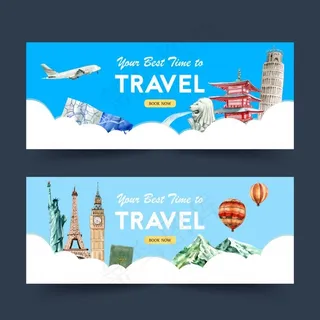 带有地标、塔楼、城堡、雕像的旅游日横幅banner设计