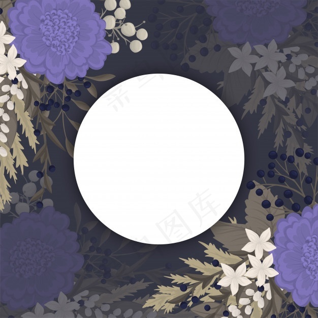 深色花朵背景-蓝色花朵圆形边框