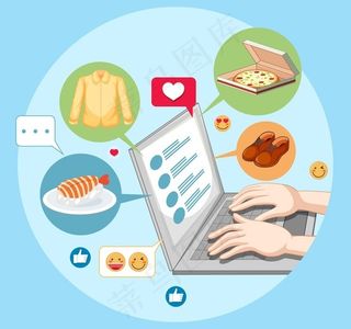 手用笔记本电脑与社交媒体表情图标隔离在白色