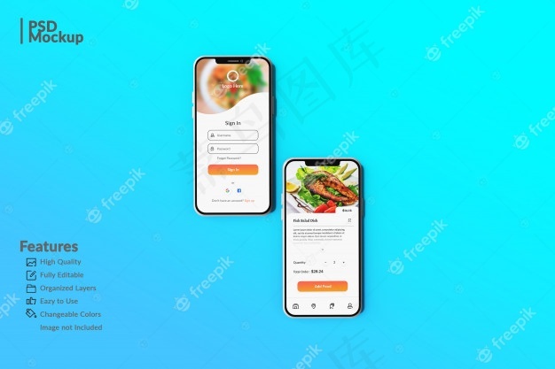 可编辑的智能手机模型样机显示食品应用程序概念模板psd模版下载