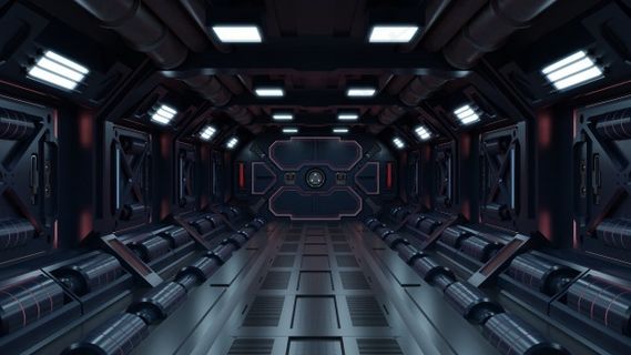 科幻背景小说室内渲染科幻飞船走廊红灯。