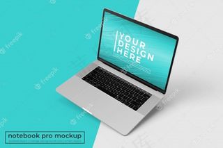 可编辑的高级笔记本电脑专业psd模型样机设计在右上角视图的右倾斜位置