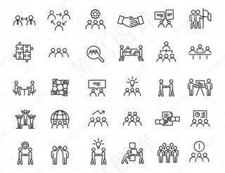 线性团队图标集。简单设计的通讯图标。