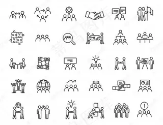 线性团队图标集。简单设计的通讯图标。