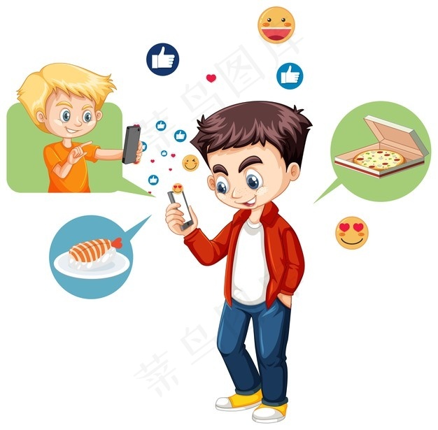男孩用白色背景隔离的表情符号智能手机eps,ai矢量模版下载
